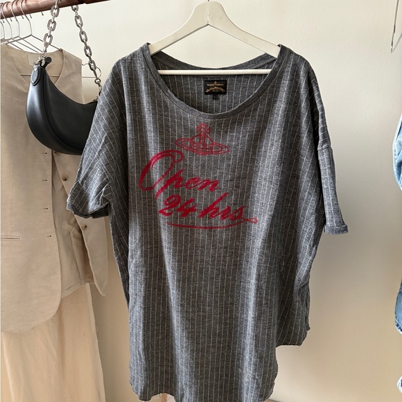 Vivienne Westwood Gray Striped Tee with Red Logo on front and back - Picture 1 of 6
